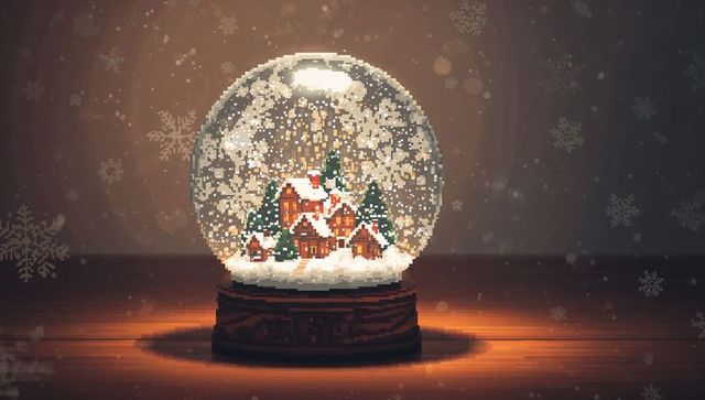 Glowing retro pixel snow globe featuring cozy village diorama on wooden base