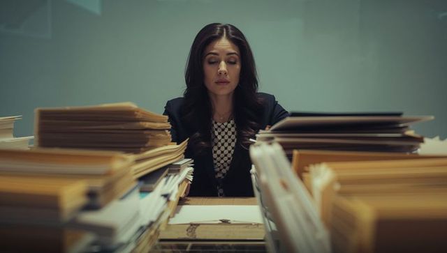 Businesswoman reviewing large stacks of files at cluttered desk in moody office