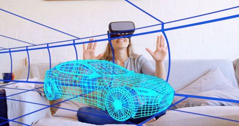 Woman experiencing virtual reality with car hologram