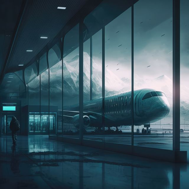 Man walking at airport with plane outside window created using generative ai technology. Airport, transport and travel concept digitally generated image.