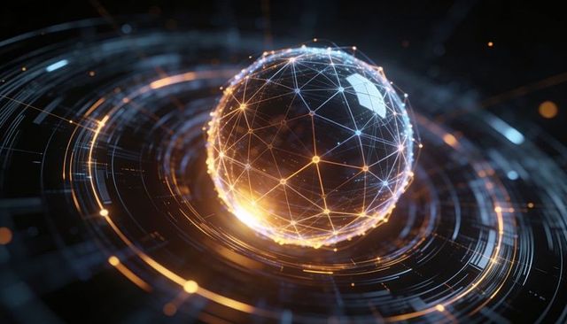 Holographic wireframe sphere representing global data network with glowing nodes