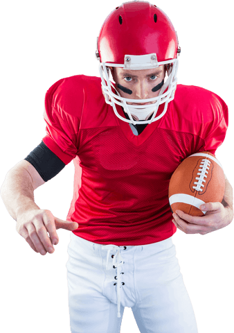 Focused american football player in red uniform with ball transparent background