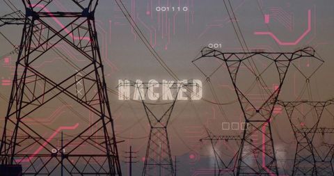 Hacked Power Grid Concept: Transmission Towers at Dusk Featuring Cyber Circuitry Overlay