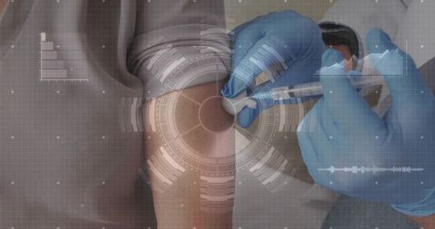 Clinician administering vaccination to mature male arm with digital hud overlay and syringe