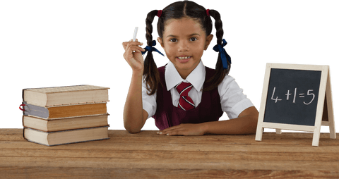Smiling schoolgirl teaching with chalkboard in transparent setting
