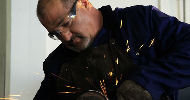 A male industrial worker wearing safety goggles and an apron, using a grinder tool with sparks flying. This dynamic scene showcases skilled labor and workplace safety in an industrial or manufacturing environment. Ideal for use in articles or ads about blue-collar work, industrial safety, or mechanical engineering.
