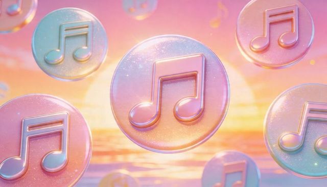Pearlescent music-note tokens floating over pastel sunset ocean, glossy iridescent discs
