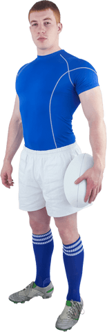 Confident rugby player holding ball in transparent isolated setting