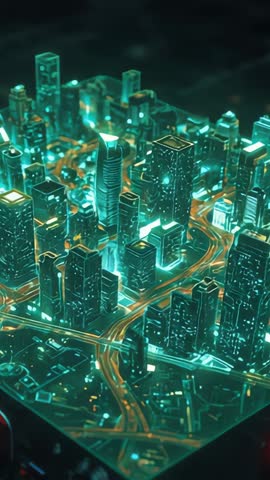 Vertical Rotating Neon City Hologram Display Revealing Futuristic Smart Urban Network