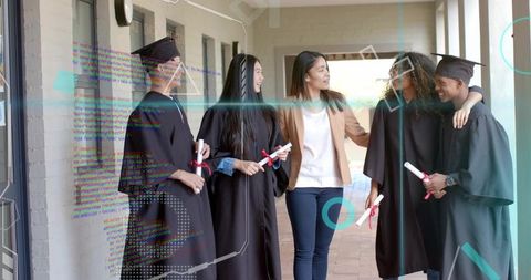 Mentor Celebrating Diverse Graduates in Caps and Gowns Holding Diplomas on Campus Walkway