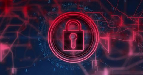 Neon Padlock Icon on Digital Network Interface