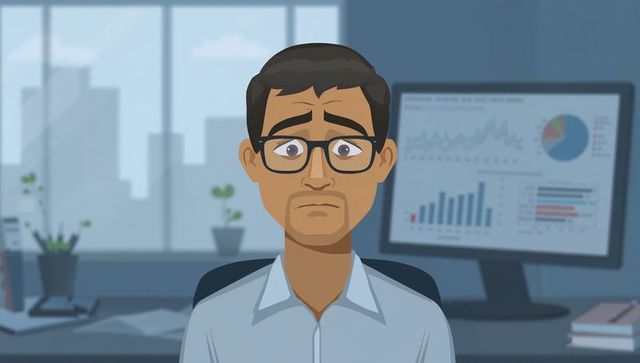 Worried businessman wearing glasses looking at analytics dashboard with falling charts