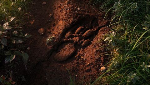 Sunlit large paw print pressing into rich red soil at meadow edge with grass shadows