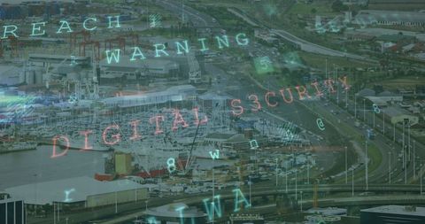 Futuristic digital security interface over cityscape