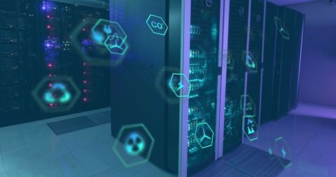 Advanced Network Server Room with Digital Icons Overlay