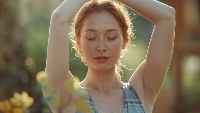 Relaxed Woman Basking in Sunlight Amidst Garden Blooms