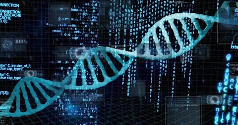 Futuristic Digital DNA Helix Displaying Cascading Code Streams and Holographic Data Grid