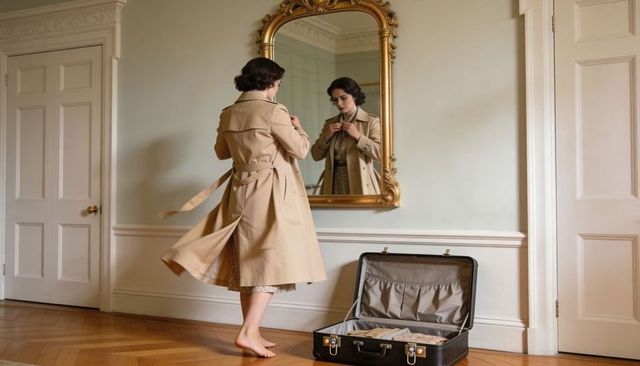 Woman buttoning beige trench coat in elegant period room with gilt mirror and open suitcase