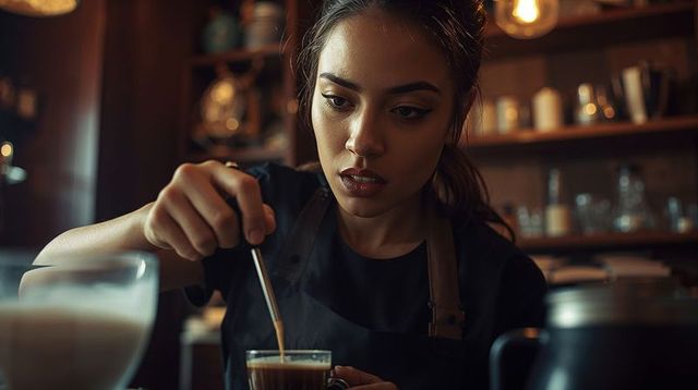 Focused barista stirring espresso shot with spoon in cozy wood-interior coffee shop