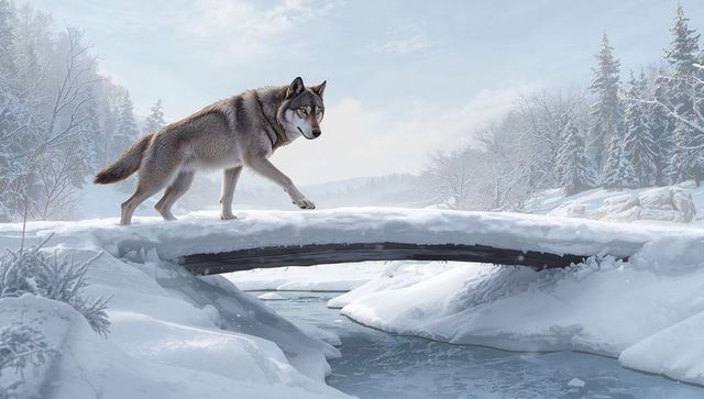 Lone wolf walking across snow-covered log bridge over frozen stream in winter wilderness