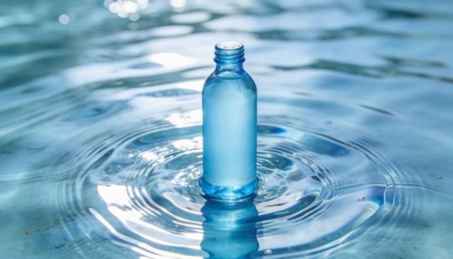 Blue Plastic Bottle Floating in Calm Water Creating Sunlit Ripples and Circular Reflections