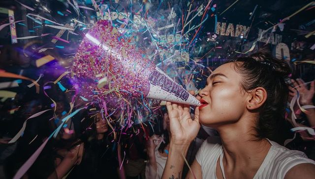 Young woman blowing glitter confetti cannon at nightclub, celebrating with neon crowd