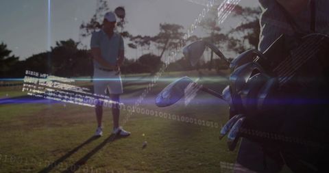 Golfer Aligning Swing with Digital Overlay for precision
