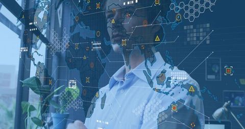 Analyst analyzing holographic world map, global data visualization for corporate strategy