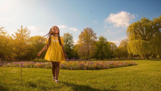 Joyful girl in yellow dress walking through sunny park with wildflowers and willow