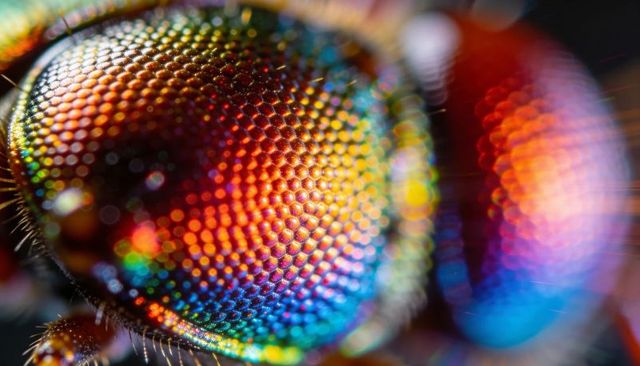 Iridescent insect compound eye macro revealing hexagonal ommatidia and rainbow facets