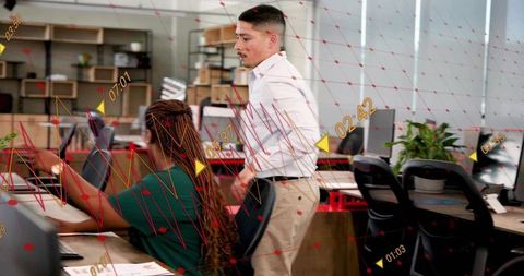 Office Team Collaborating on Data Visualization with Red Network Overlay on Monitors