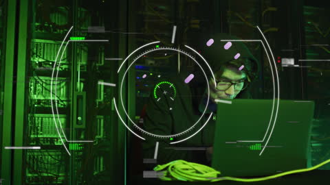 Hacker in Data Center with Futuristic Overlay