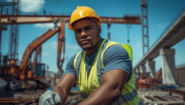 Construction worker inspecting site with heavy machinery