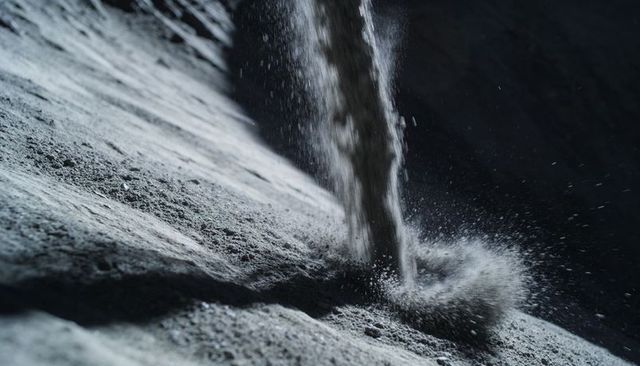 Pouring fine powder creating crater and radial plume on textured sloped surface