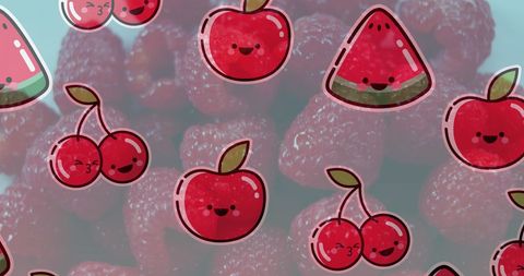 Cute smiling fruit illustrations over fresh raspberries