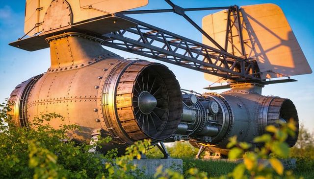 Glistening riveted jet turbines standing on lattice truss in golden hour field
