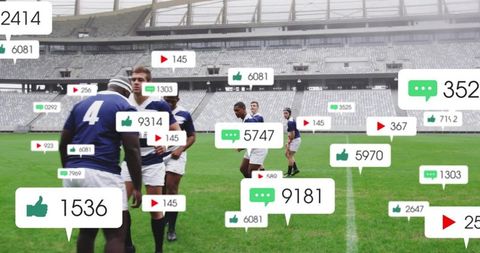 Rugby players standing on stadium pitch with social media engagement overlays and icons