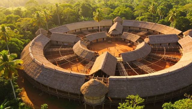 Sunlit circular stilt village featuring concentric thatched roofs in tropical rainforest