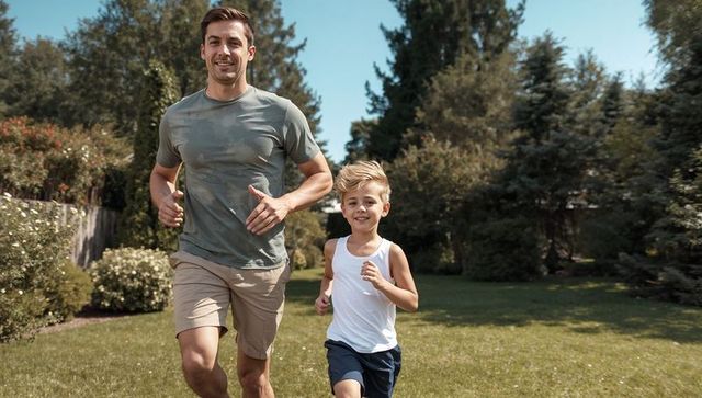 Father and son running together in sunny backyard for active family fitness and fun smiles