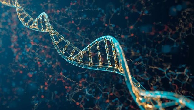 Futuristic DNA Helix Gold and Blue in Molecular Network Space