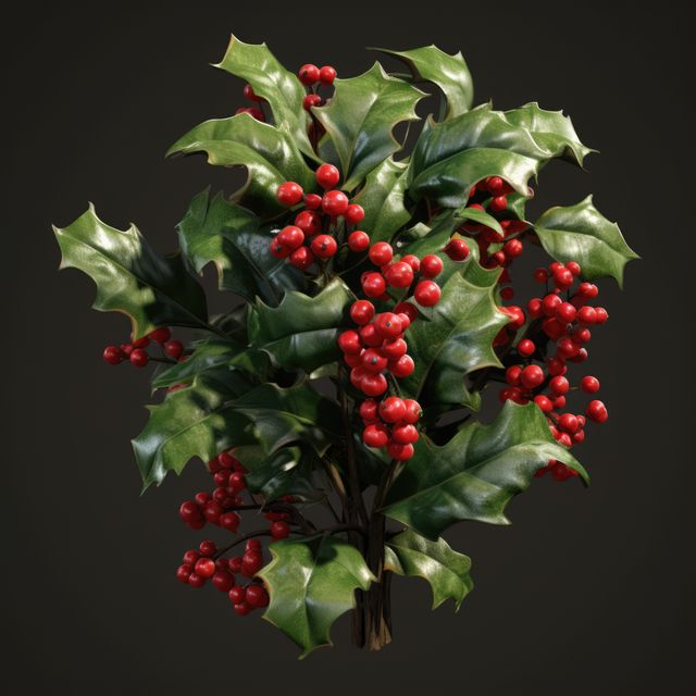 Vibrant bunch of holly with red berries and green leaves isolated on a dark background. Perfect for holiday cards, Christmas decorations, seasonal marketing materials, or festive product packaging. Ideal for conveying a traditional winter and nature theme.