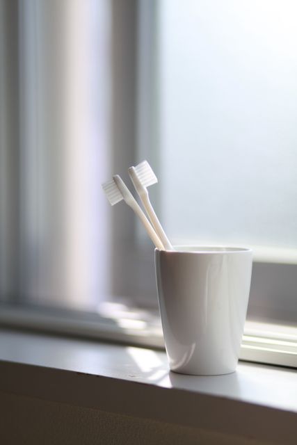 White toothbrushes in a minimalistic white cup sit on a windowsill, illuminated by gentle morning light. This image embodies simplicity and cleanliness, fitting well for themes related to dental health, morning routines, and minimalist home decor. Ideal for use in dental care advertising, lifestyle blogs, and households hygiene guides.