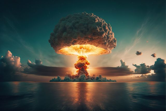 This dramatic scene shows a massive nuclear explosion over a calm ocean at dusk, producing a huge mushroom cloud that dominates the sky. Ideal for use in themes dealing with war, apocalyptic scenarios, science fiction, or environmental disaster. Perfect for movies, video games, or articles discussing nuclear history or consequences of nuclear warfare.