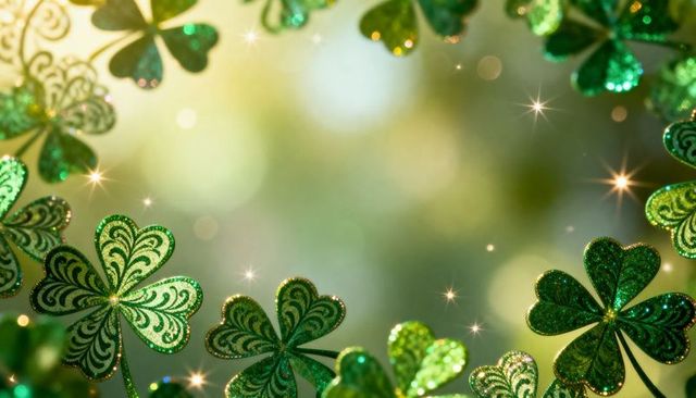 Green glitter shamrock border with bokeh sparkles for st patrick's day celebration