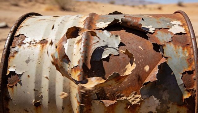 Rusted metal drum peeling paint revealing corroded steel texture and wind-blown flakes