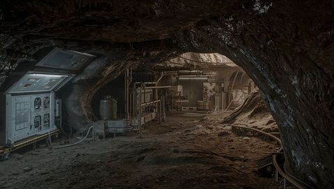 Underground control cavern humming with machinery, piping and industrial panels