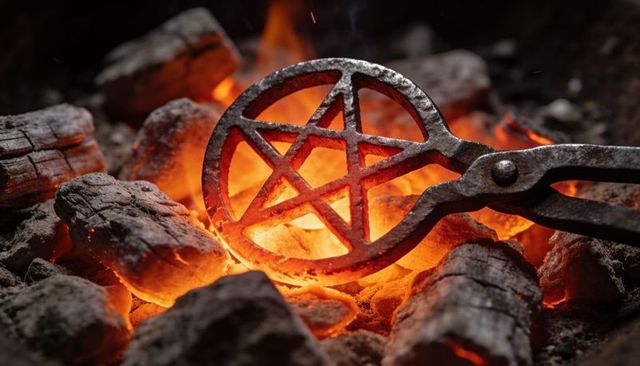 Forging pentagram iron disc above glowing charcoal using tongs with fiery embers
