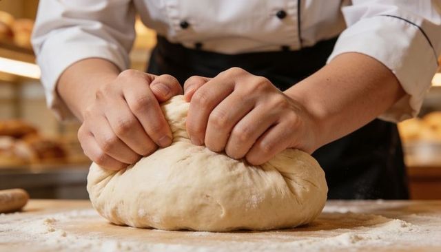 Artisan baker kneading dough for sourdough on floured wooden board close-up