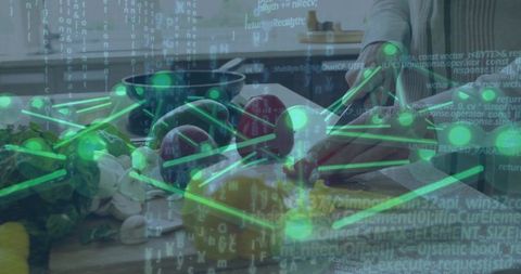 Slicing vegetables in smart kitchen with digital network overlay representing food tech