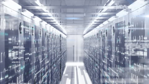 Futuristic Data Server Room with Binary Code Overlay